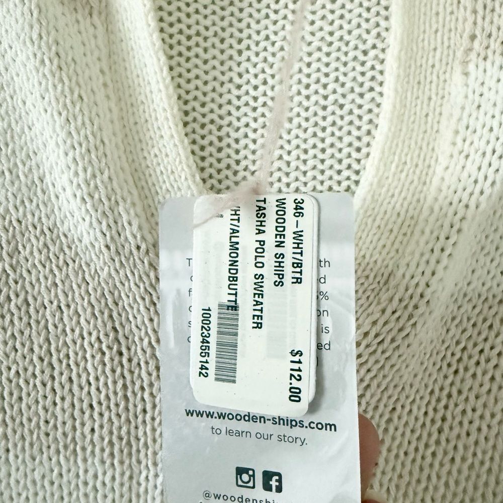Wooden Ships Loose Knit Short Sleeve V-Neck Sweater in Tan & White Stripe S/M - Picture 6 of 8
